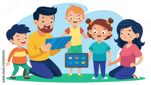 The children eagerly show their parents the latest game they downloaded while the whole family takes turns trying it out.. Vector illustration