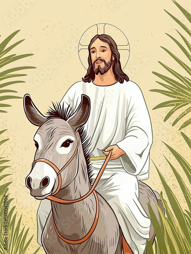 Illustration of jesus christ riding a donkey with halo and palms