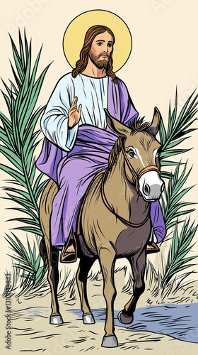 Illustration of jesus on a donkey with palm leaves in background