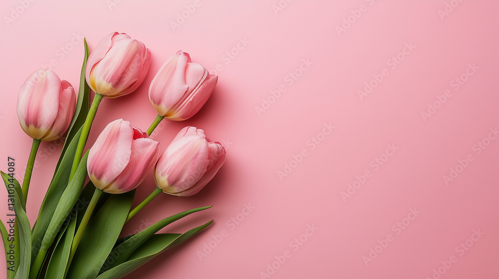 Flat lay of fresh pink tulips on a soft pastel pink Flat lay of fresh pink tulips on a soft pastel pink