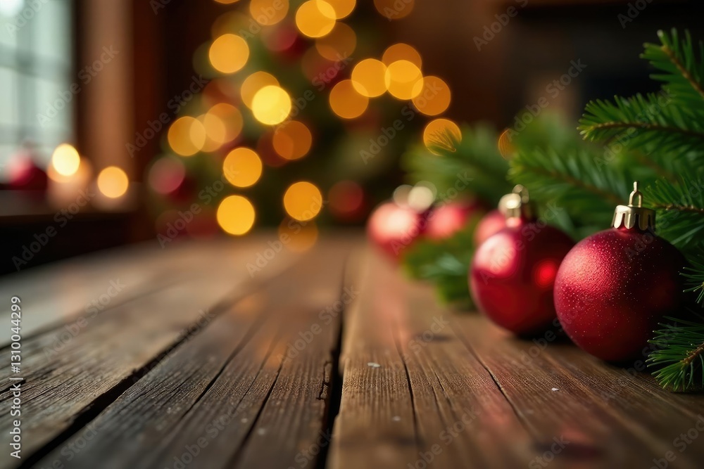 Golden bokeh lights on a wooden Christmas table, wooden table christmas decorations, ornaments, rustic charm Golden bokeh lights on a wooden Christmas table, wooden table christmas decorations, ornaments, rustic charm