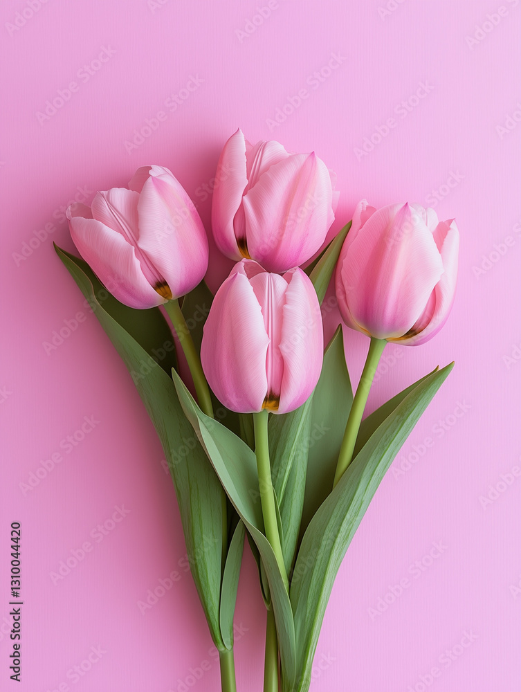 Flat lay of fresh pink tulips on a soft pastel pink Flat lay of fresh pink tulips on a soft pastel pink