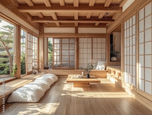 Wallpaper Mural A beautifully designed wooden interior with garden views and details Torontodigital.ca