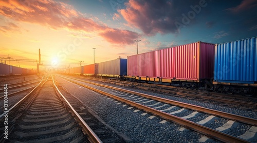 Loading freight containers onto railway wagons at transport hub logistics overview industrial scene aerial perspective supply chain dynamics