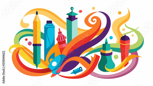 The colorful array of calligraphy pens ink and paper providing a visual feast for the participants.. Vector illustration