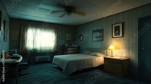 Dimly Lit Motel Room at Night