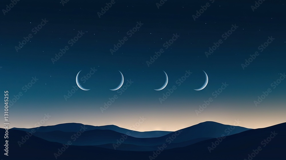 Three crescents can be seen in the night sky over a mountain range, with the mountains in the foreground and the moon in the distance Three crescents can be seen in the night sky over a mountain range, with the mountains in the foreground and the moon in the distance
