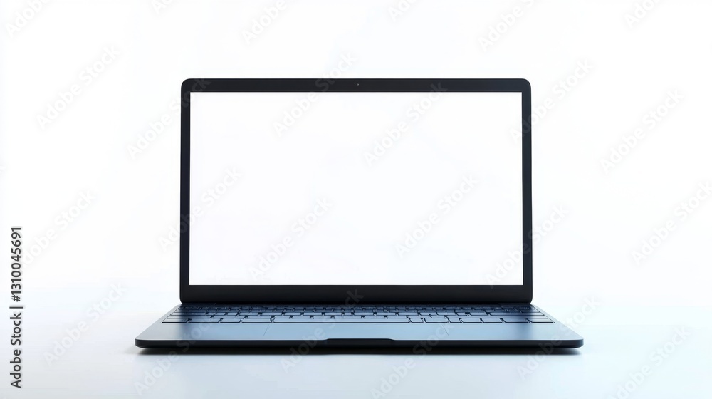 Isolated laptop displaying a blank white screen office setting digital device minimalist environment front view technology concept Isolated laptop displaying a blank white screen office setting digital device minimalist environment front view technology concept
