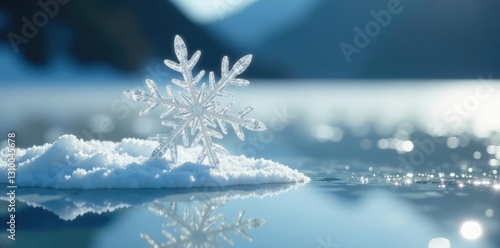 Large snowflake lands with a soft thud on the ice, frozen lake, landing, stillness