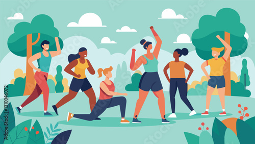 A diverse group of people all dressed in athletic wear come together in a park to participate in a fun and challenging outdoor aerobics marathon.. Vector illustration