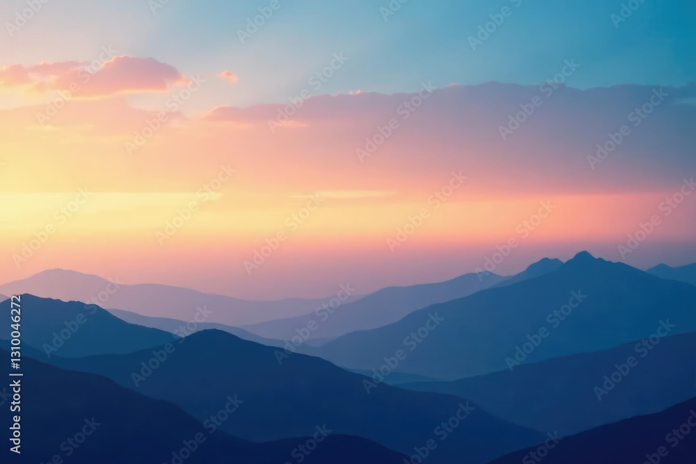 Layered blue mountains meet the horizon at dawn under a warm and inviting gradient sky, gentle light, warm, clouds Layered blue mountains meet the horizon at dawn under a warm and inviting gradient sky, gentle light, warm, clouds