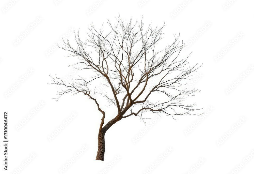 Lone deciduous tree, stark branches against pure white, twig, design