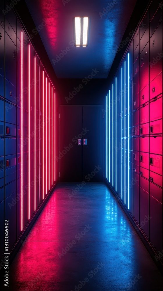 Fototapeta premium Neon lights illuminate a futuristic corridor with rows of metallic lockers, creating a vibrant, symmetrical scene