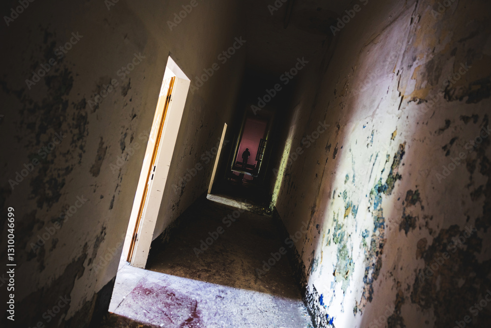 panoramica leggermente storta su un lungo corridoio all'interno di un edificio abbandonato e con le pareti che si sgretolano, con in fondo la sagoma di una persona irriconoscibile nell'ombra