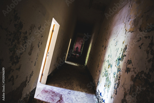 Obraz na płótnie panoramica leggermente storta su un lungo corridoio all'interno di un edificio abbandonato e con le pareti che si sgretolano, con in fondo la sagoma di una persona irriconoscibile nell'ombra w salonie