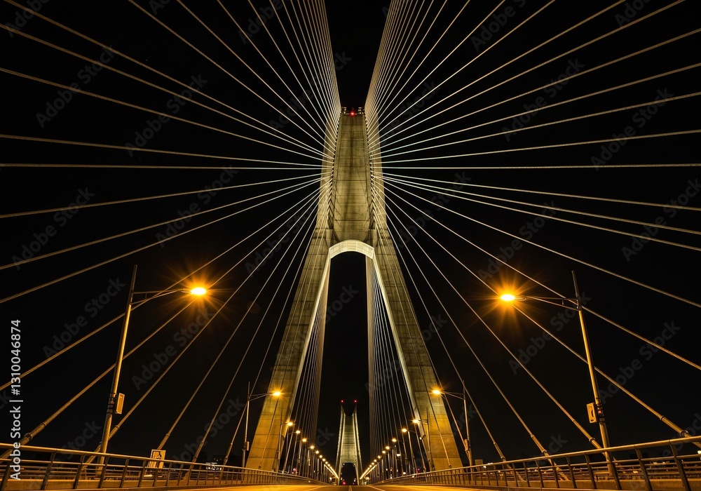 Obraz premium Nighttime CableStayed Bridge Illuminated Structure, Golden Hues, Dark Sky