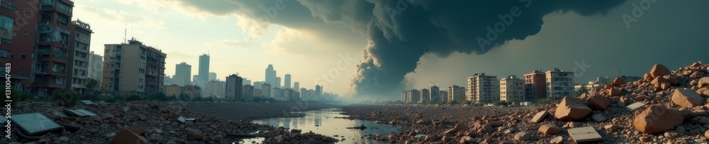 Massive tornado destroys cityscape, debris strewn , environment, infrastructure Massive tornado destroys cityscape, debris strewn , environment, infrastructure