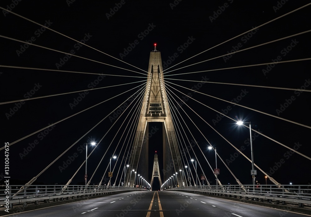 Fototapeta premium Nighttime CableStayed Bridge Illuminated Roadway, Elegant Structure, Dark Sky