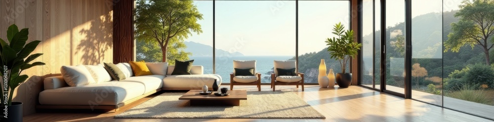 Modern minimalist living room with large window, plant, room Modern minimalist living room with large window, plant, room