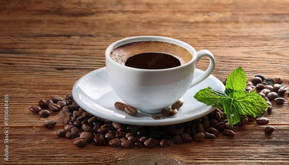 Rustic Coffee Mockup on Wooden Table A Serene Scene Featuring Coffee Beans and Mint Leaves, Perfect for Digital Art, Home Decor, or Design Inspiration. Rustic Coffee Mockup on Wooden Table A Serene Scene Featuring Coffee Beans and Mint Leaves, Perfect for Digital Art, Home Decor, or Design Inspiration.
