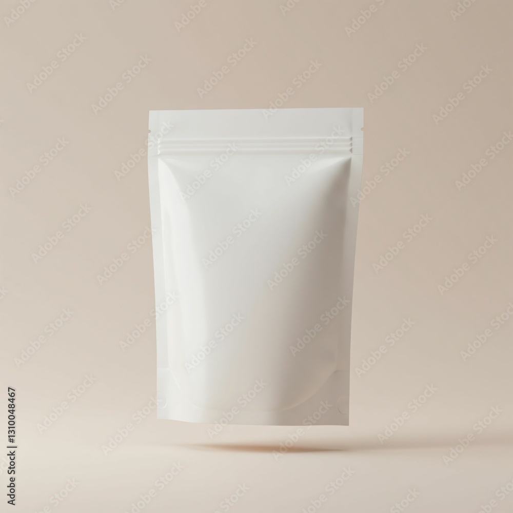 AI-generated minimalist white pouch packaging against a neutral background AI-generated minimalist white pouch packaging against a neutral background