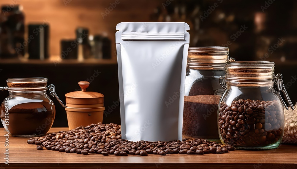 A Minimalist Coffee Setup Amid Rustic Elegance Empty Packaging Perched on a Weathered Wooden Table Surrounded by Toasted Beans and Glass Jars, Exuding Tranquil Aura of Contemporary Artistry. A Minimalist Coffee Setup Amid Rustic Elegance Empty Packaging Perched on a Weathered Wooden Table Surrounded by Toasted Beans and Glass Jars, Exuding Tranquil Aura of Contemporary Artistry.