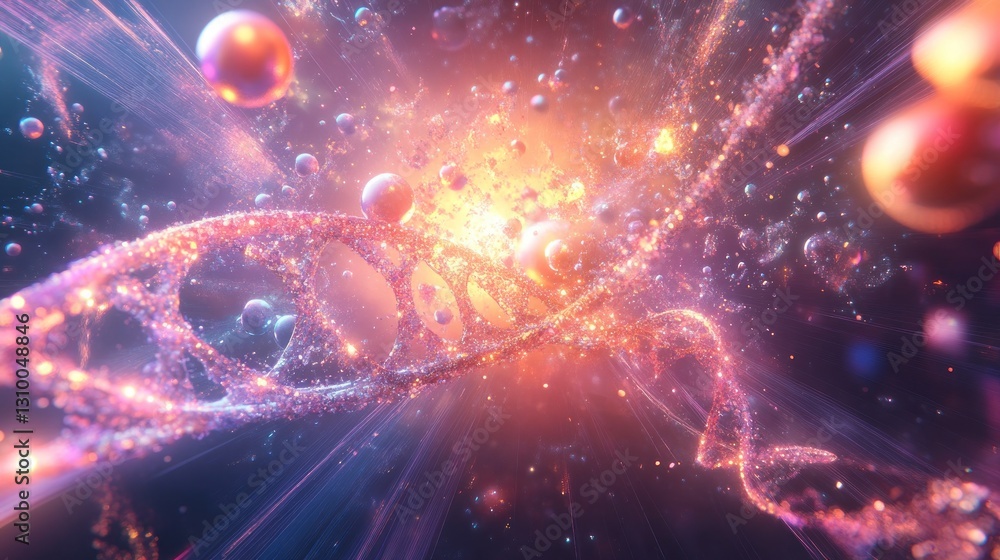 Fototapeta premium Dynamic DNA helix in a vibrant, cosmic nebula
