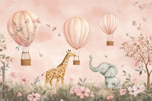 A kids' wallpaper mural featuring cycling animals with balloons, including a giraffe and elephant, set against a watercolor pink background. The design includes hot air balloons, blooming flowers