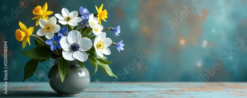 Delicate anemones nestled with blue scilla muscari and yellow daffodils, vases, nature