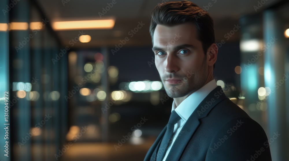 Professional man in suit posing in modern office building at night with city lights in background Professional man in suit posing in modern office building at night with city lights in background