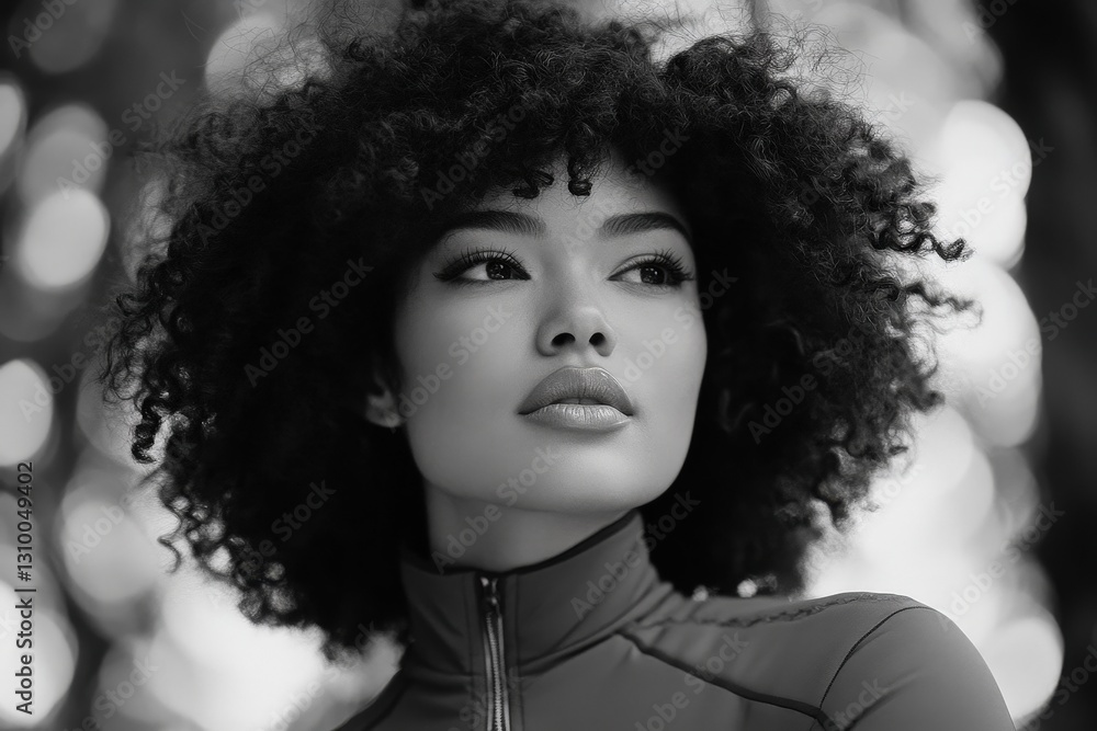 Fototapeta premium Elegant representation of a curly-haired woman captured in monochrome.