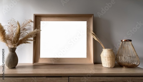 Stylish Vacant Picture Frame Mockup, Ready to Showcase Artistic Masterpiece or Inspirational Design Element in a Minimalist Setting, Exuding Elegance and Anticipation.