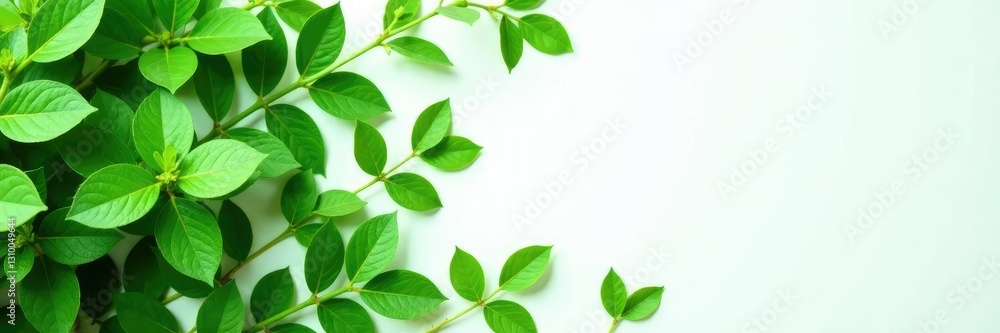 Dense green leaves scattered on pure white surface, plant details, foliage, white background Dense green leaves scattered on pure white surface, plant details, foliage, white background