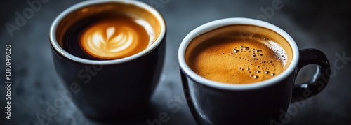 Detailed view of two steaming cups of coffee. 