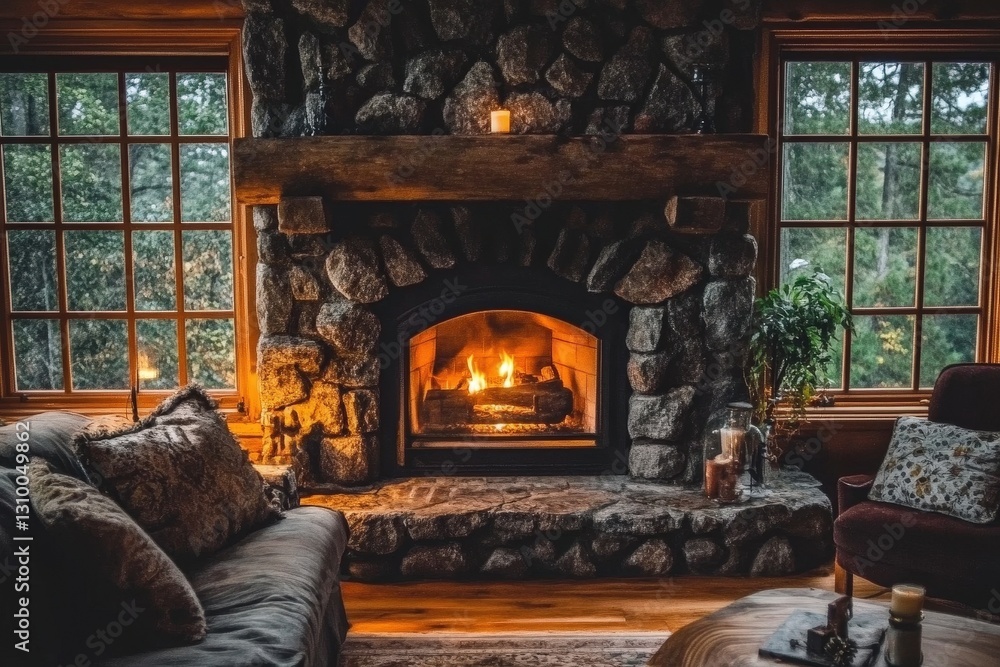 Charming stone fireplace creates a warm atmosphere beside the couch. Charming stone fireplace creates a warm atmosphere beside the couch.