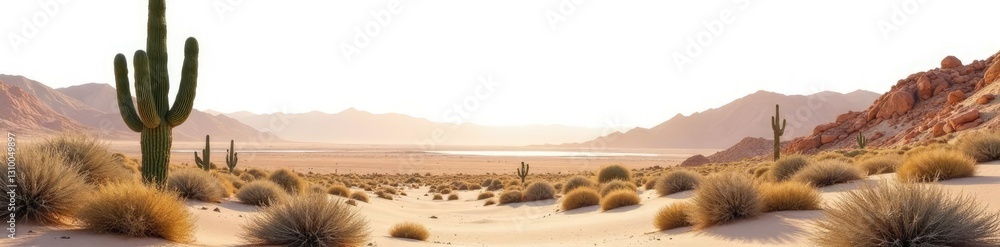 Desert landscape with cacti isolated on white background, solitude, succulent Desert landscape with cacti isolated on white background, solitude, succulent