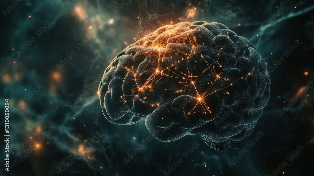 Illustration of a human brain with neural connections highlighted in a cosmic background Illustration of a human brain with neural connections highlighted in a cosmic background