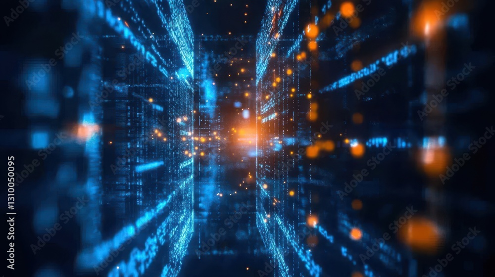 Obraz premium Digital Nexus: A dynamic, futuristic visualization of a digital network, filled with glowing blue and orange lines and data points, creating a sense of interconnectedness, technological advancement.