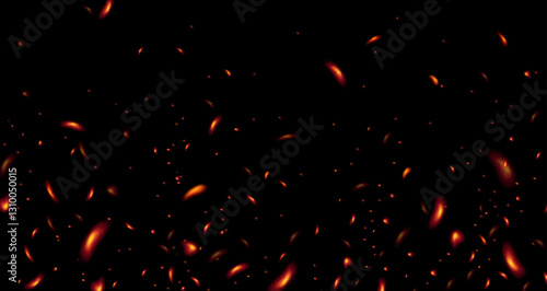 Fire sparks on black background, heat sparkles, abstract flying flame particles, glowing embers Vector illustration.