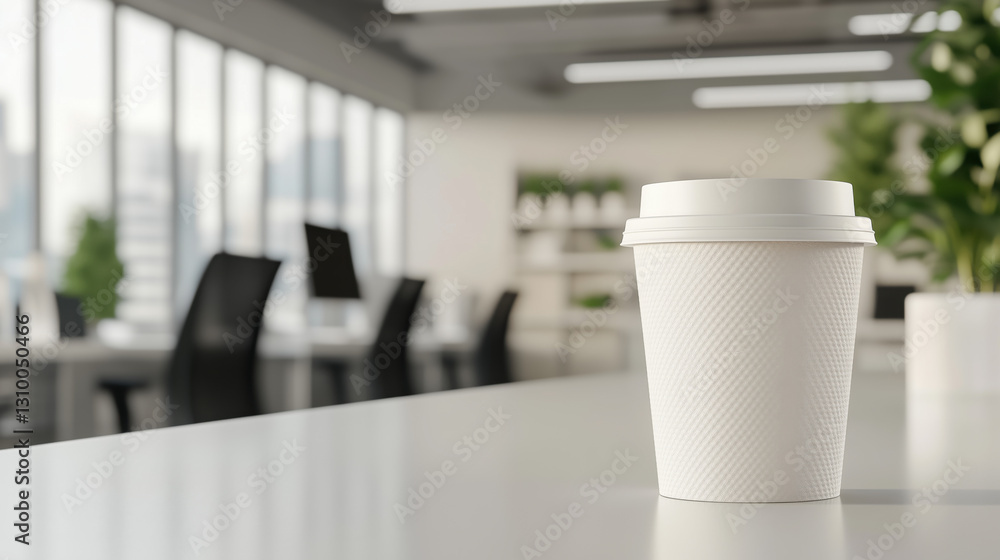Side View of a Coffee Cup on a Desk with a Softly Blurred Office Background and Ample Space for Text Placement, Perfect for Promotional Banners Side View of a Coffee Cup on a Desk with a Softly Blurred Office Background and Ample Space for Text Placement, Perfect for Promotional Banners