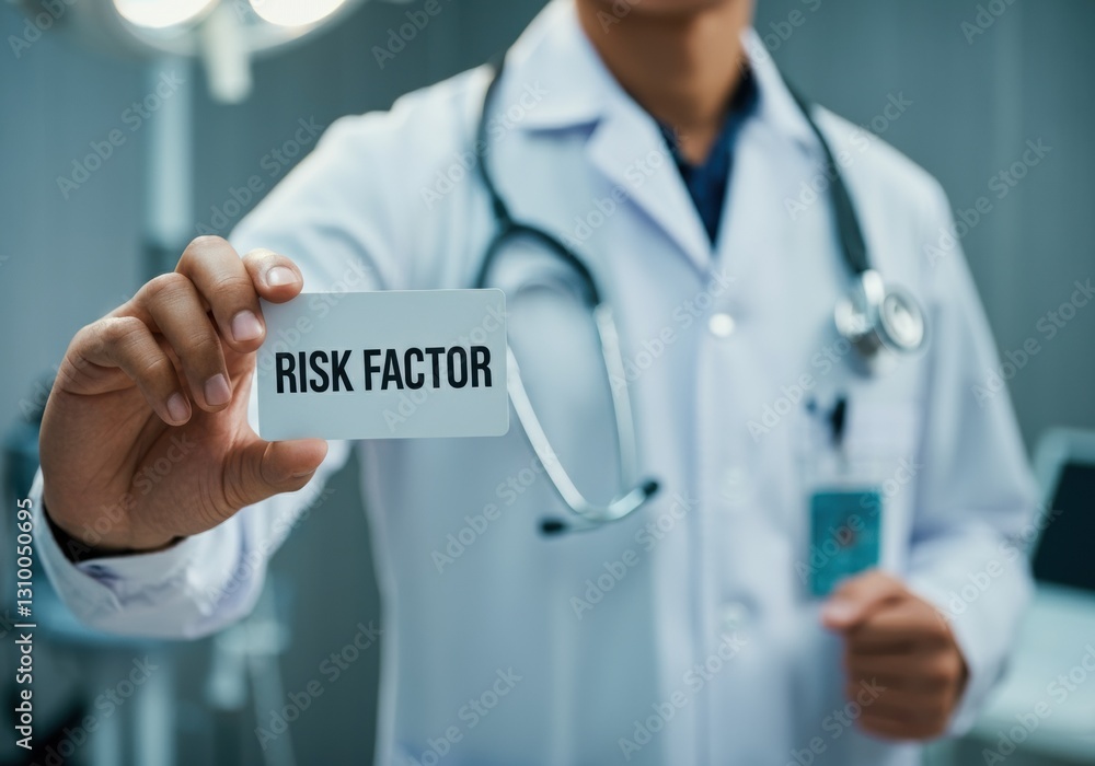 Doctor holding a card labeled Risk Factor in a medical setting Doctor holding a card labeled Risk Factor in a medical setting