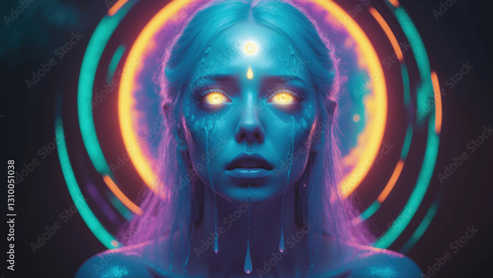 Interesting portrait of a mystical figure with glowing eyes and vibrant background in a surreal atmosphere Interesting portrait of a mystical figure with glowing eyes and vibrant background in a surreal atmosphere
