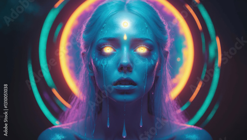 Interesting portrait of a mystical figure with glowing eyes and vibrant background in a surreal atmosphere