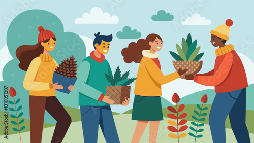 A group of friends taking a nature walk to collect pinecones and branches for their DIY holiday centerpiece.. Vector illustration