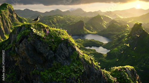   A bird perched atop a moss-covered rock amidst valley's mountains