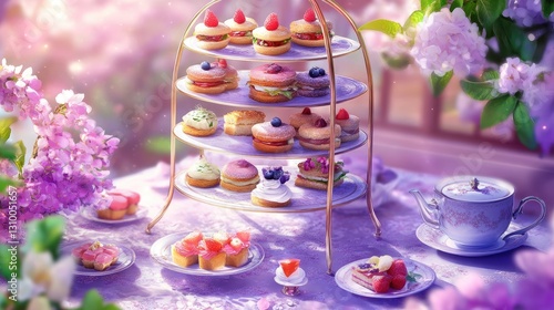 High tea stand filled with mini sandwiches, petit fours, and a pot of Earl Grey tea. photo