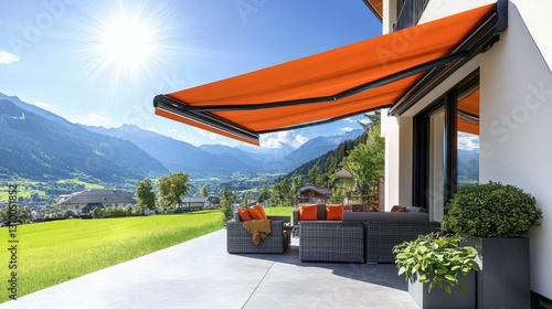 A vibrant modern terrace showcasing stylish outdoor furniture and a red awning.