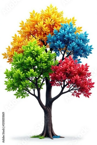 Four isolated trees with branches and leaves in different colors on a white background, tree trunk