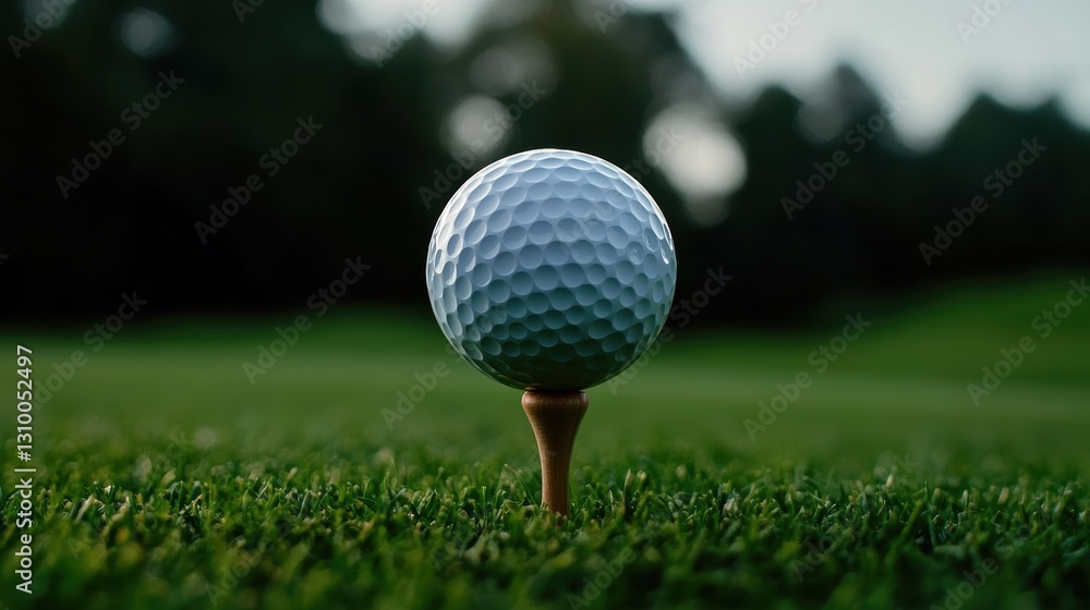 A golf ball rests on a tee, ready for a perfect shot on a lush green course A golf ball rests on a tee, ready for a perfect shot on a lush green course