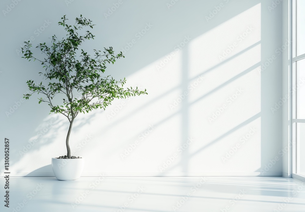 Obraz premium Serene Indoor Plant in a Bright Modern Space with Soft Shadows Creating a Tranquil Ambiance for Relaxation and Peaceful Living